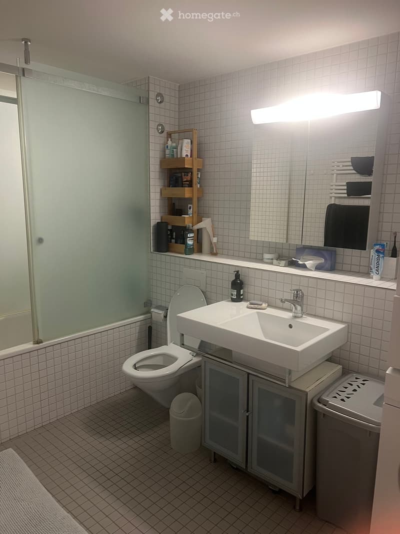 Modern bathroom with white tiled walls and floor, featuring a double sink, toilet, shower, and a wooden shelf with toiletries.