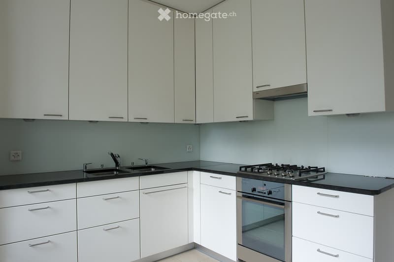 Modern kitchen with white cabinets, black countertops, stainless steel appliances, and a double sink.