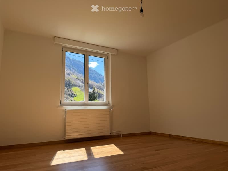 Empty room with wooden flooring, large window showing a scenic mountain view, radiator below the window, and a hanging light fixture.