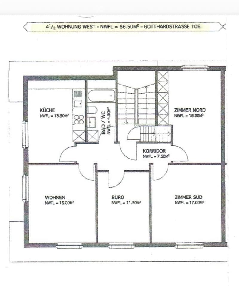 Floor plan of a 4.5-room apartment with kitchen, bathroom, living room, office, and two bedrooms.