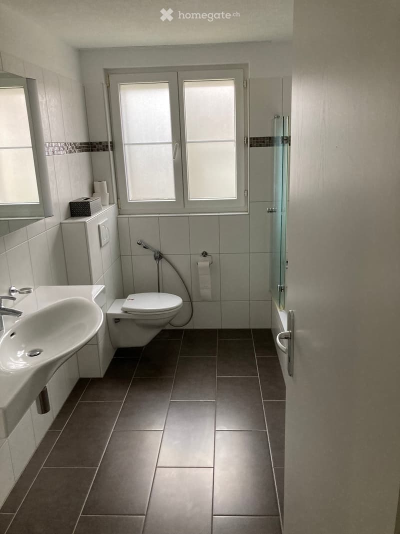 Modern bathroom with a white sink, toilet, and glass-enclosed shower stall. Features tiled walls and floor, a mirror, and a towel rack.