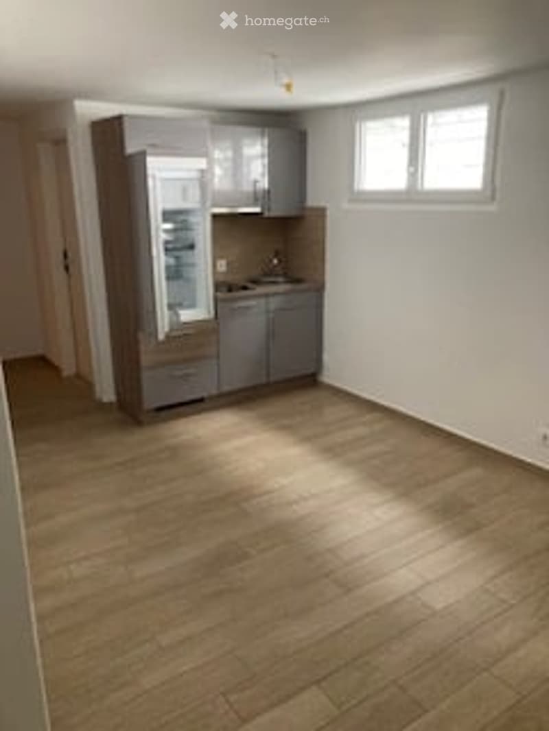 Empty kitchen with wooden flooring, grey cabinets, and a small refrigerator. No furniture or appliances are present.