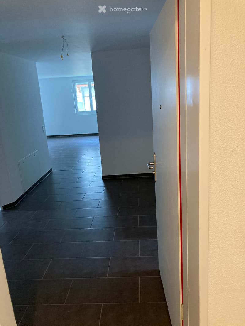 Empty hallway with dark tiled floor, white walls, and a door leading to another room with a window.