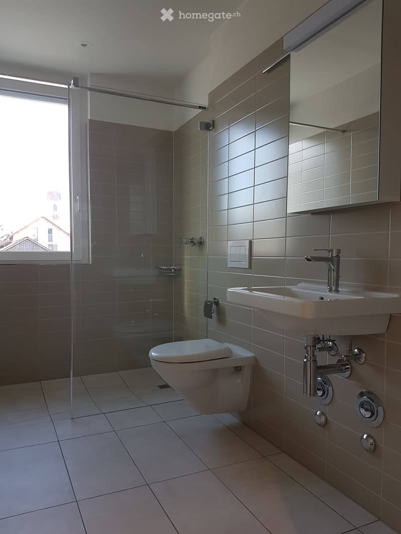 Modern bathroom with a toilet, sink, mirror, and glass-enclosed shower. Light-colored tiles and sleek fixtures.