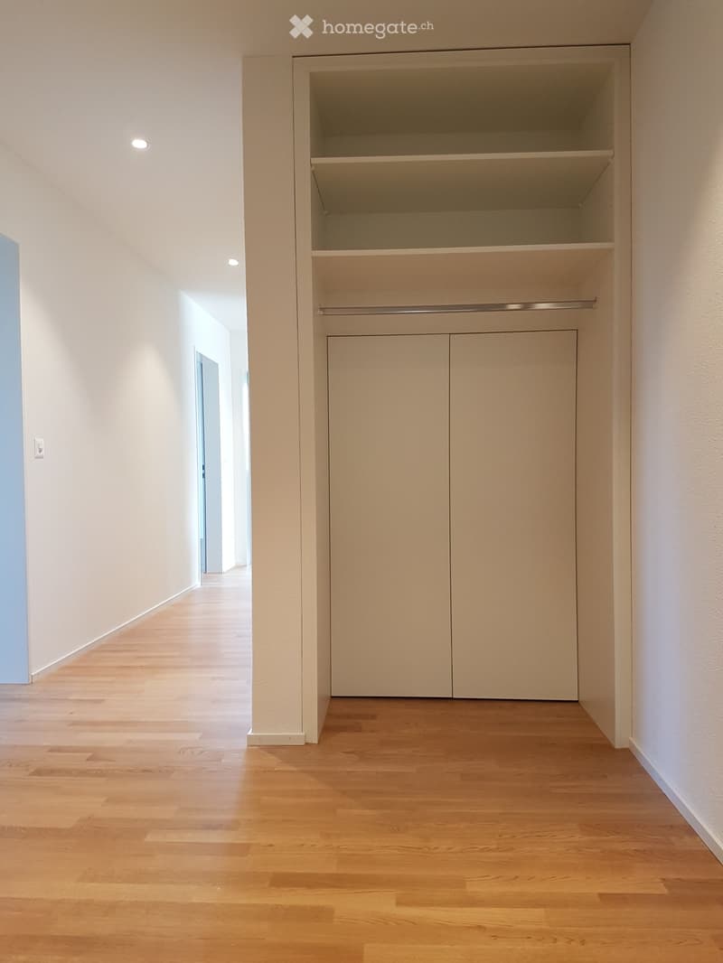 Empty hallway with light wooden flooring, white walls, built-in closet with open shelving and closed cabinets, recessed lighting, and a visible electrical outlet.