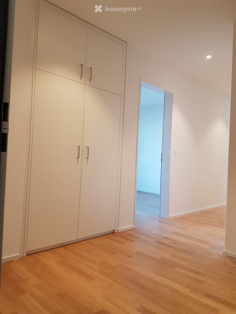 Empty room with light wooden flooring, white walls, built-in white cabinets with silver handles, and a doorway leading to another room.
