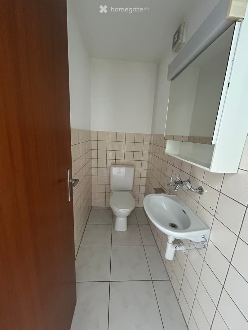 Small bathroom with white tiled walls and floor, featuring a toilet, sink, and mirror cabinet.