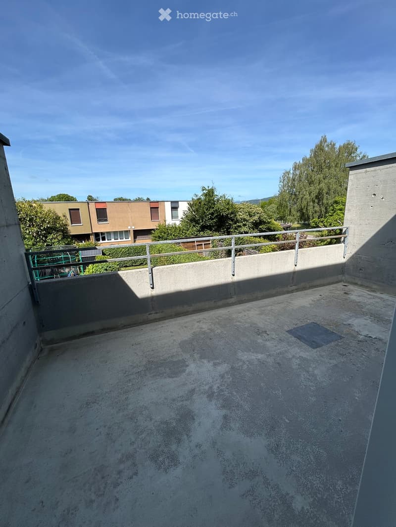 Empty rooftop terrace with concrete floor, metal railing, and distant view of buildings and trees.