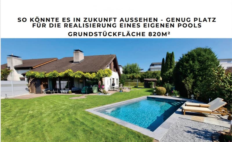 Well-maintained garden with a swimming pool, lounge chairs, and a house with a tiled roof and chimney.