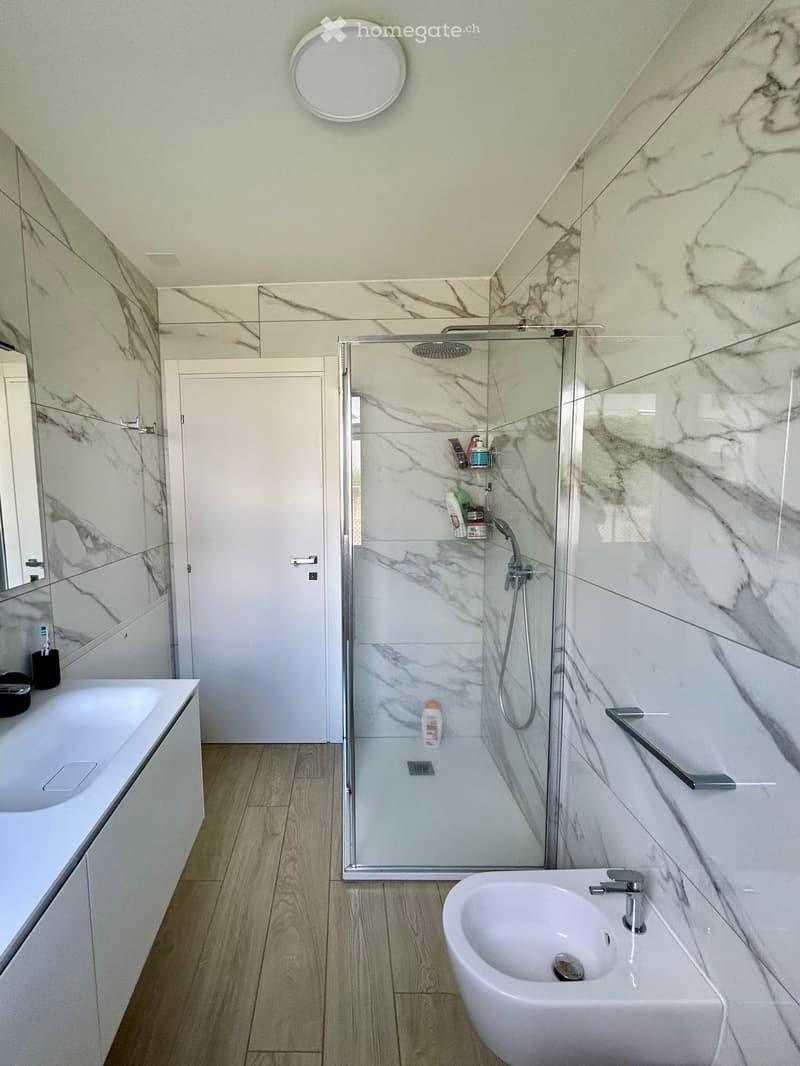 Modern bathroom with marble walls, a bathtub, a sink, a glass-enclosed shower, and a mirror. The floor is wooden, and the shower includes a handheld showerhead and a built-in shelf.