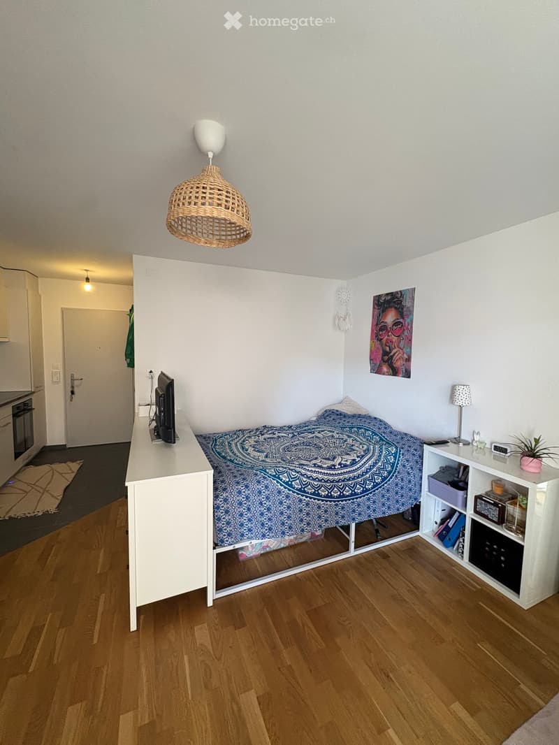 Cozy bedroom with wooden flooring, a single bed with a blue patterned bedspread, a white nightstand with a lamp, a shelf with books and decorative items, and a wicker pendant light hanging from the ceiling.