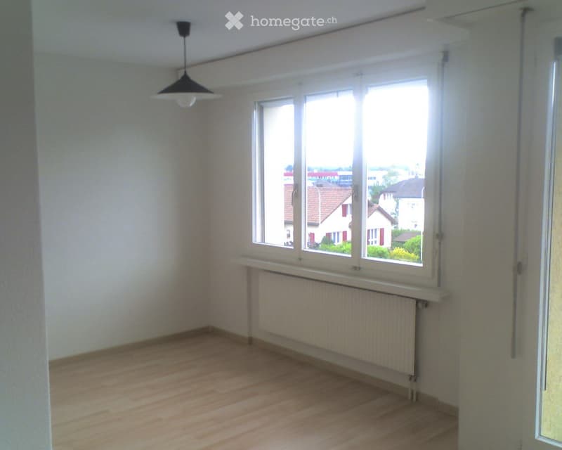 Empty room with wooden flooring, white walls, large windows, radiator, and a hanging light fixture.