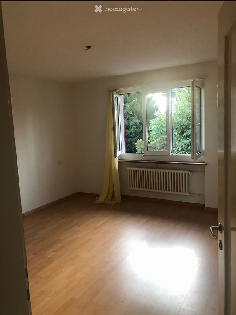 Empty room with wooden flooring, white walls, large window with open shutters, radiator, and a partially drawn yellow curtain.