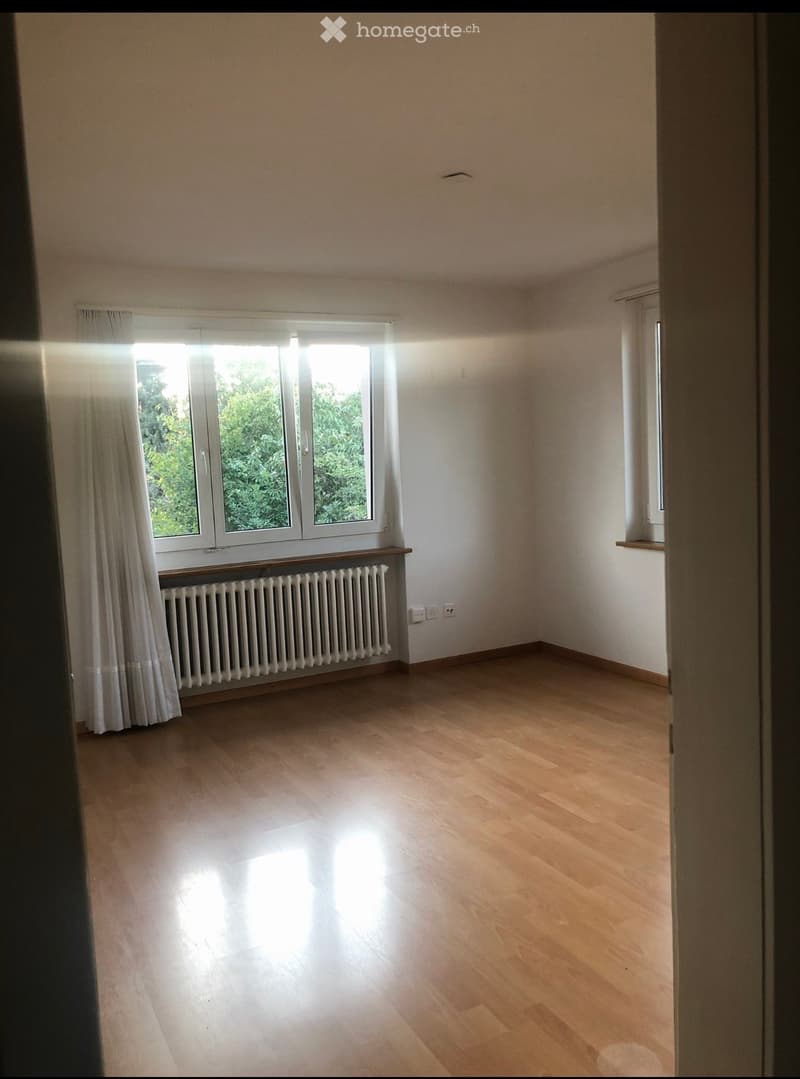 Empty room with wooden flooring, large window with white frame and curtain, radiator below window, and small shelf on right wall.