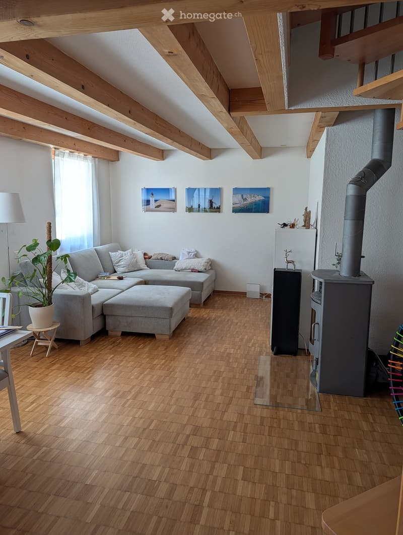 Living room with wooden flooring, exposed wooden beams, grey sectional sofa, ottoman, floor lamp, small table with plant, fireplace, and artwork on the wall.