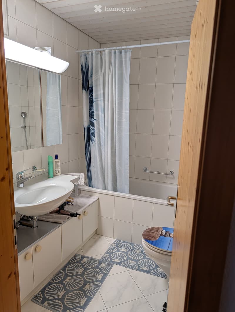 Modern bathroom with a sink, mirror, bathtub with a shower curtain, toilet, and decorative rugs on the floor.