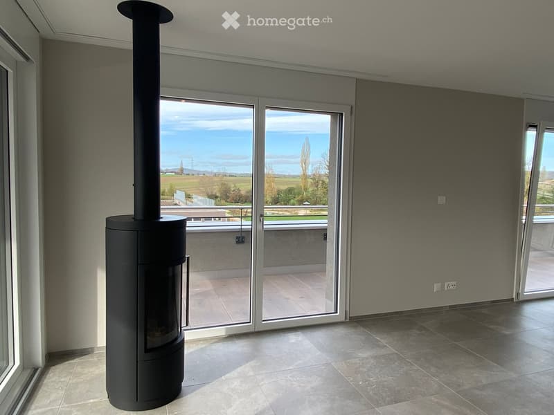 Modern room with large sliding glass doors offering a scenic view, featuring a sleek black cylindrical fireplace.
