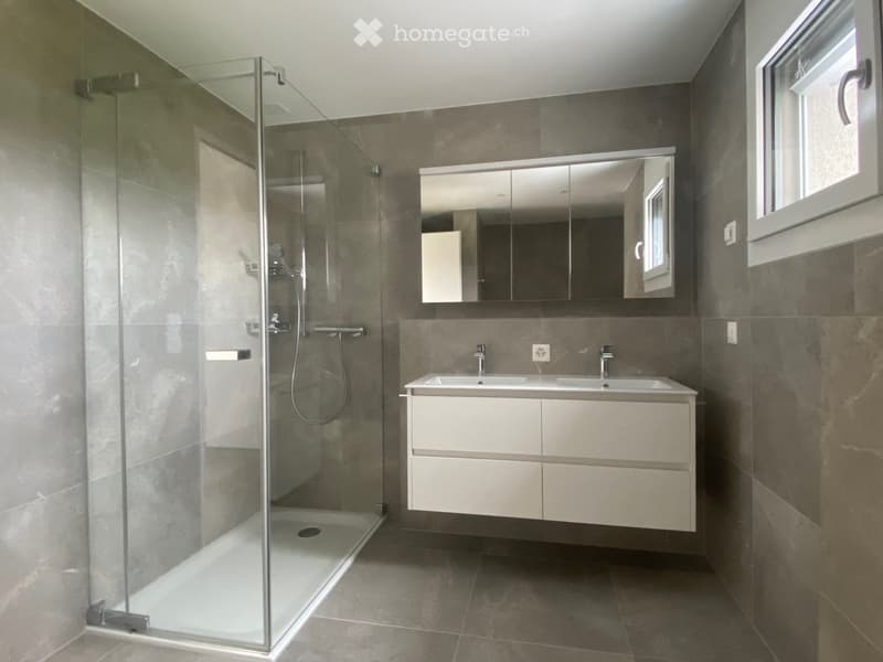 Modern bathroom with a glass-enclosed shower, double sink vanity, and large mirror.