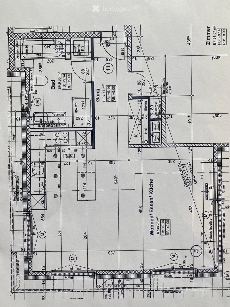 Floor plan showing a layout with labeled rooms including a living/dining area, kitchen, bedroom, bathroom, hallway, and additional spaces with dimensions and measurements.