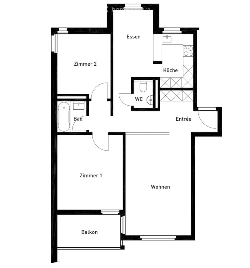Floor plan showing a living area, two bedrooms, kitchen, bathroom, and balcony.