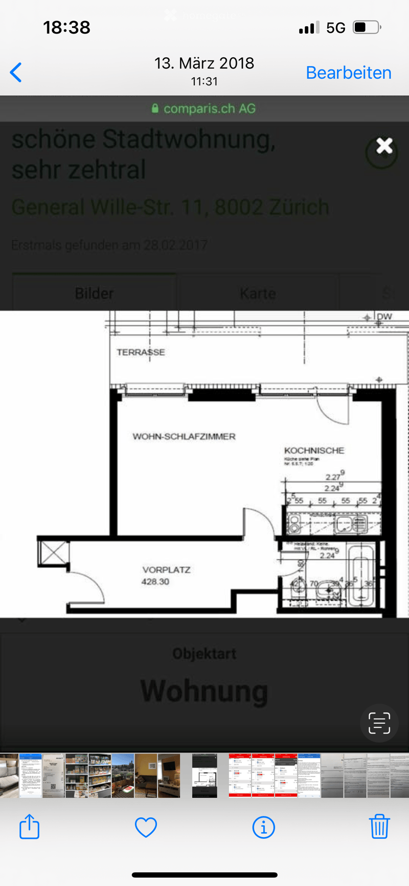 Floor plan of a city apartment with a living-sleeping room, kitchen area, and entrance area.