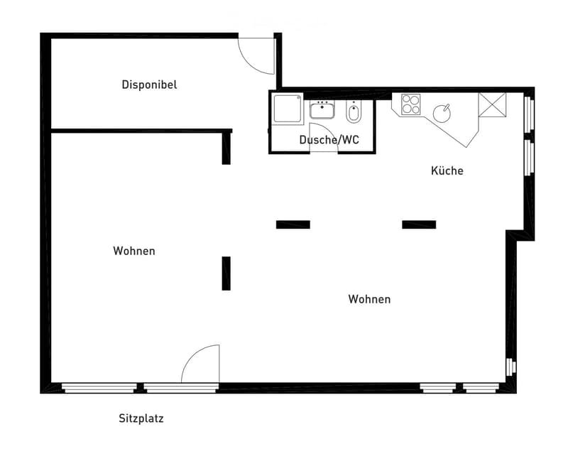 Layout includes a living area, kitchen, bathroom, and a seating area.