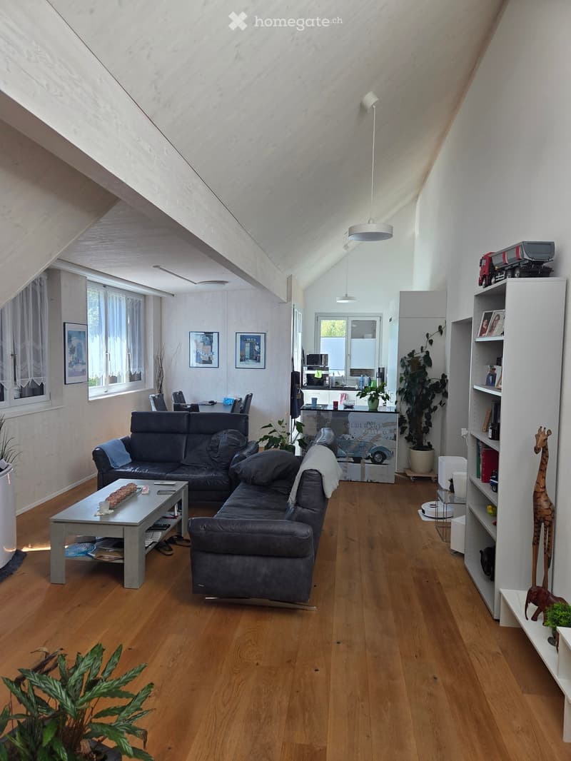 Modern living room with wooden flooring, large windows, a sectional sofa, coffee table, dining area, shelves, and decorative items.