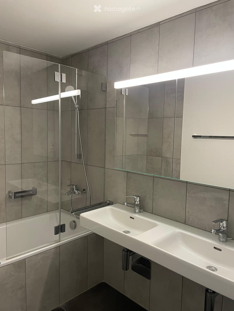 Modern bathroom with a double sink, sleek faucet, bathtub with glass shower enclosure, and large mirror with integrated lighting.