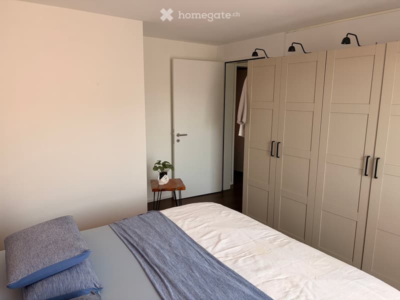 Modern bedroom with a neatly made bed, a wardrobe, a small stool with a plant, and a door leading to another room.