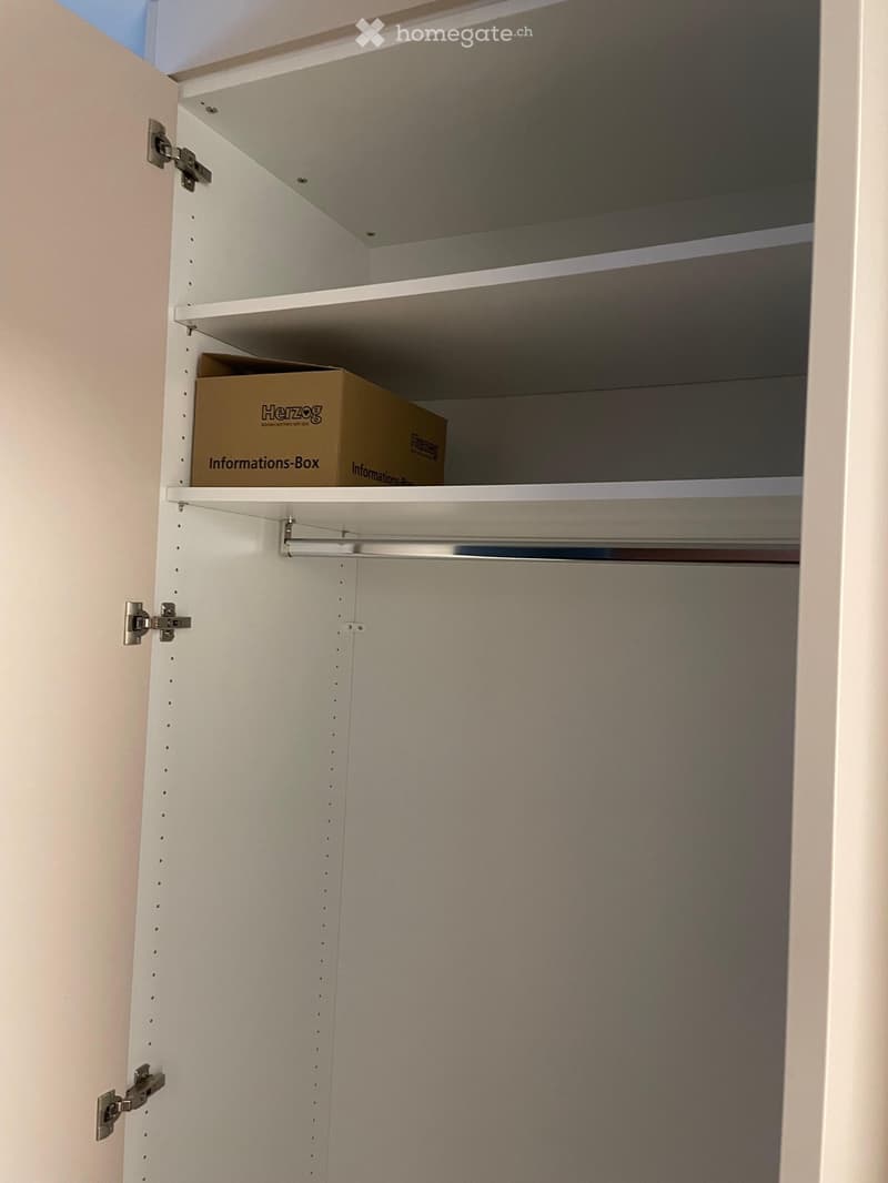 Empty closet with white walls, shelves, and a hanging rod. A single cardboard box is placed on one of the shelves.