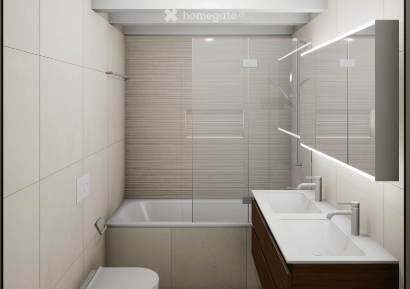 Modern bathroom with a bathtub, double sink, and toilet. Features a glass shower enclosure, sleek fixtures, and neutral-colored tiles.