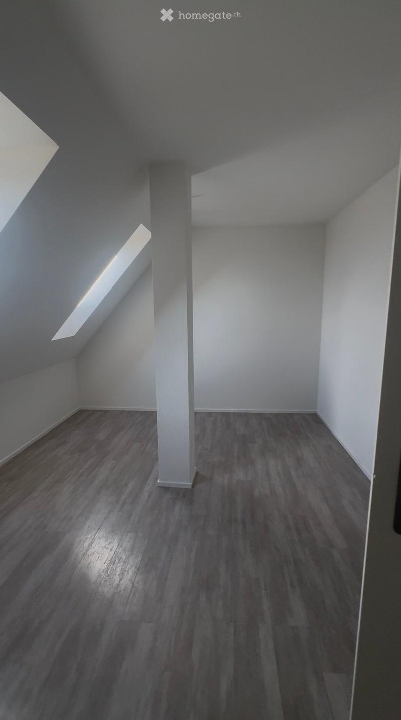 Empty attic room with wooden flooring, white walls, and a skylight window allowing natural light to enter.