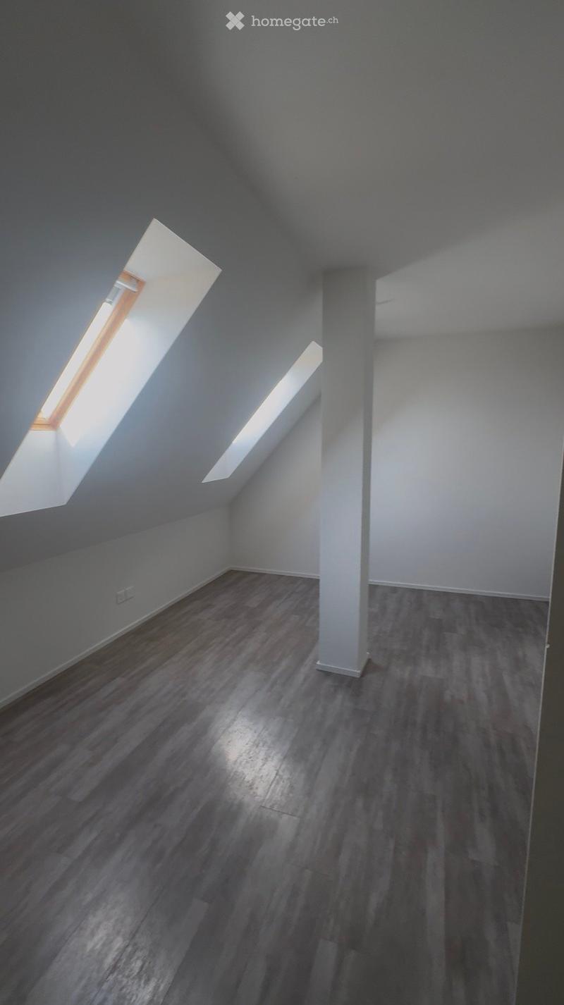 Empty attic room with wooden flooring, white walls, and skylight windows allowing natural light to enter.