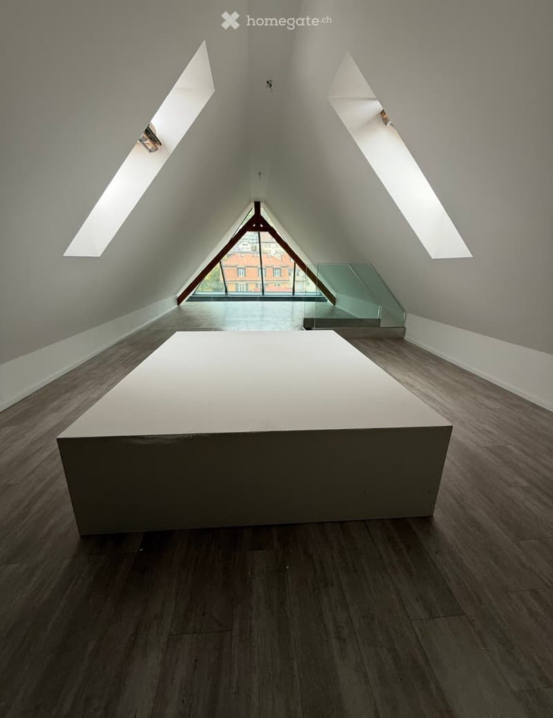 Empty attic space with wooden flooring, large skylights, and a glass balcony overlooking a cityscape.