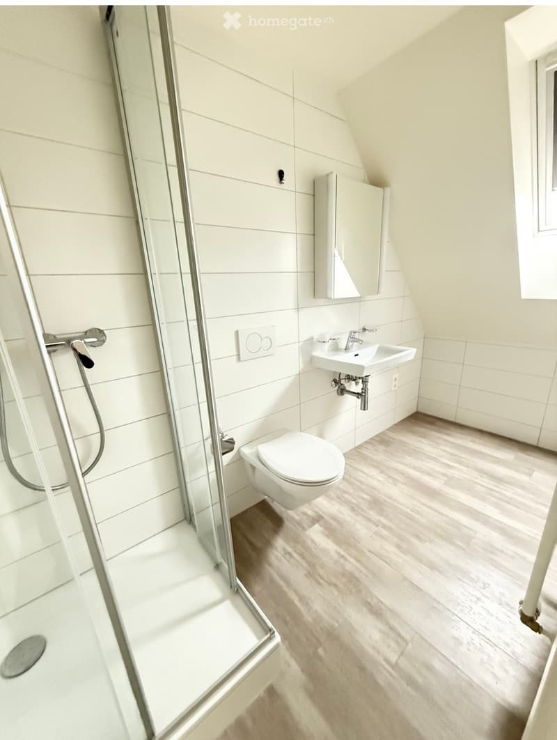 Modern bathroom with white tiles, wooden flooring, a glass-enclosed shower, a toilet, a sink with a mirror, and a window providing natural light.