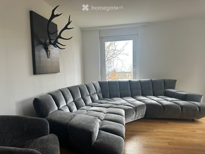Modern living room with a large, grey sectional sofa, light wooden flooring, and a large window with a view of trees outside. A decorative antler wall piece is visible on the left wall.