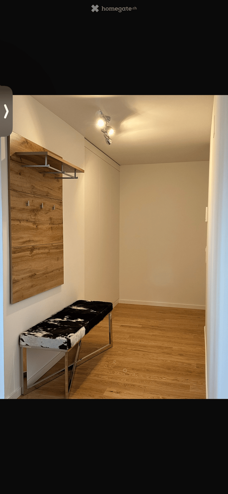 Modern hallway with wooden flooring, a sleek bench with a cowhide top, and built-in wooden cabinetry with metal handles.