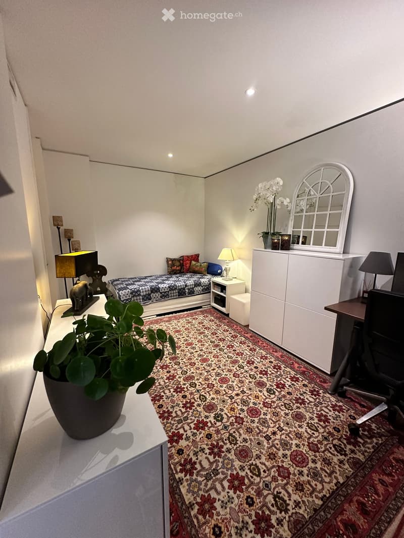 Cozy bedroom with a bed, nightstand, lamp, chair, desk, mirror, and plant. The room features a patterned rug and modern decor.