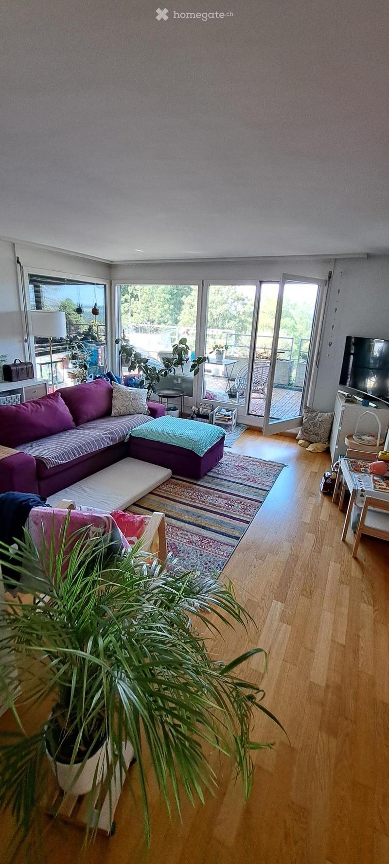 Modern living room with wooden flooring, large windows, and a balcony. Features a purple sectional sofa, ottoman, coffee table, and potted plants.