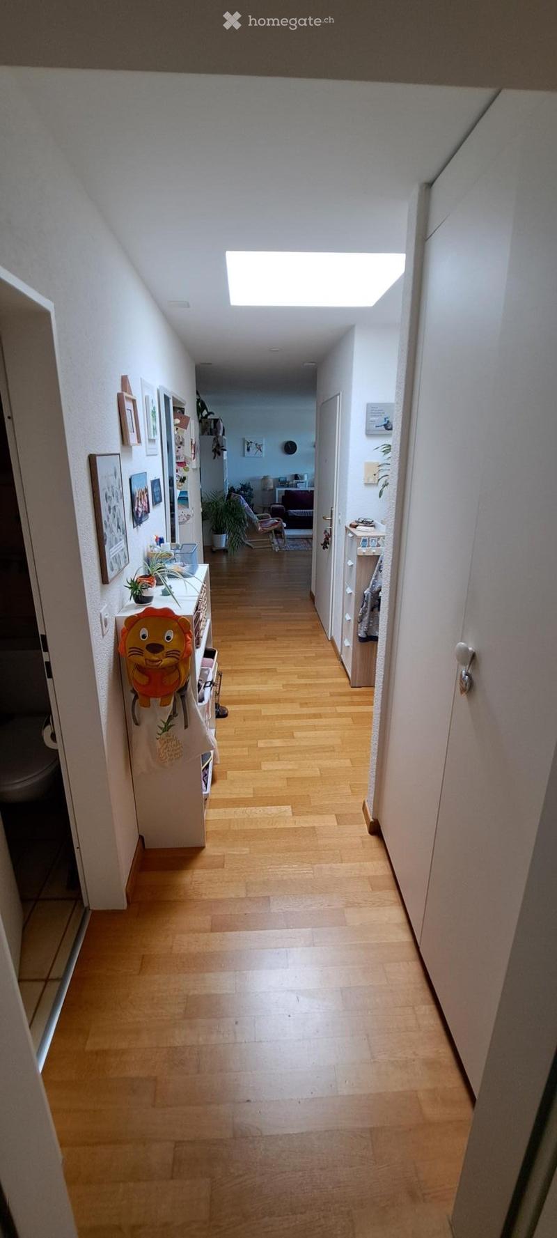 Bright hallway with wooden flooring, white walls, and a skylight at the far end. Features framed pictures, a small shelf with plants, and a decorative lion towel hanging on the wall.