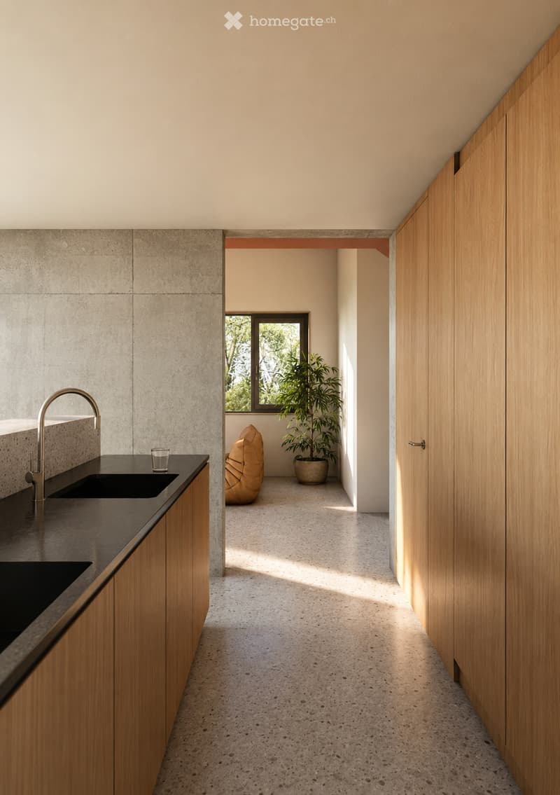 Modern hallway with concrete walls, wooden cabinetry, and a sink area visible on the left. A potted plant and a modern chair are seen in the adjacent room.