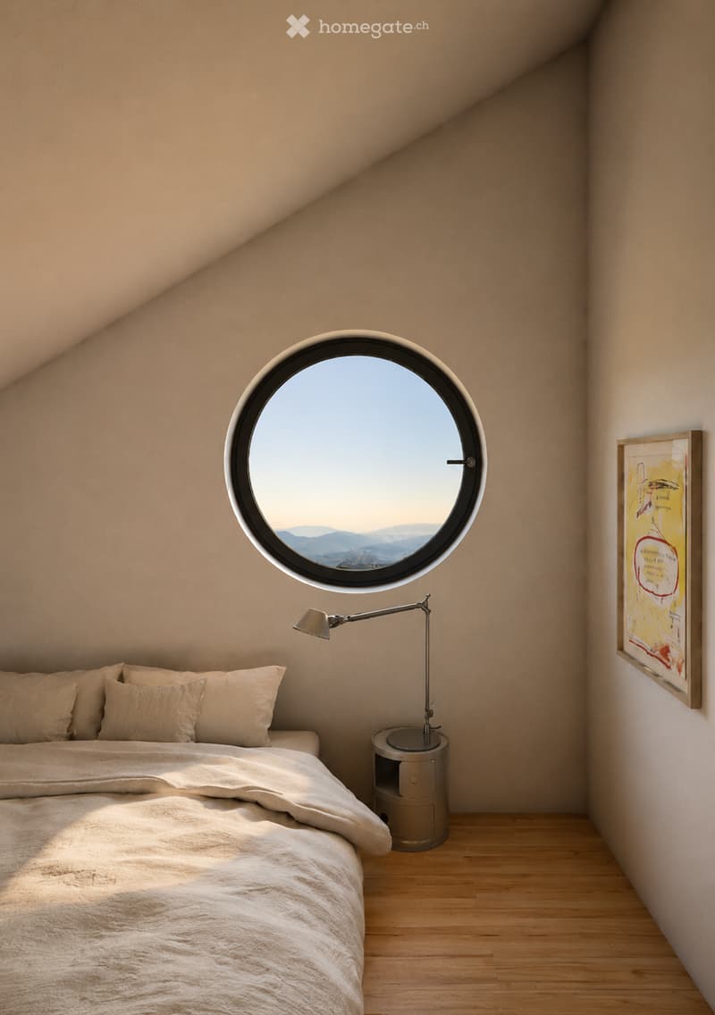 Modern bedroom with a large round skylight offering a scenic view, a neatly made bed with pillows and a textured bedspread, a sleek nightstand with a lamp, and a framed artwork on the wall.