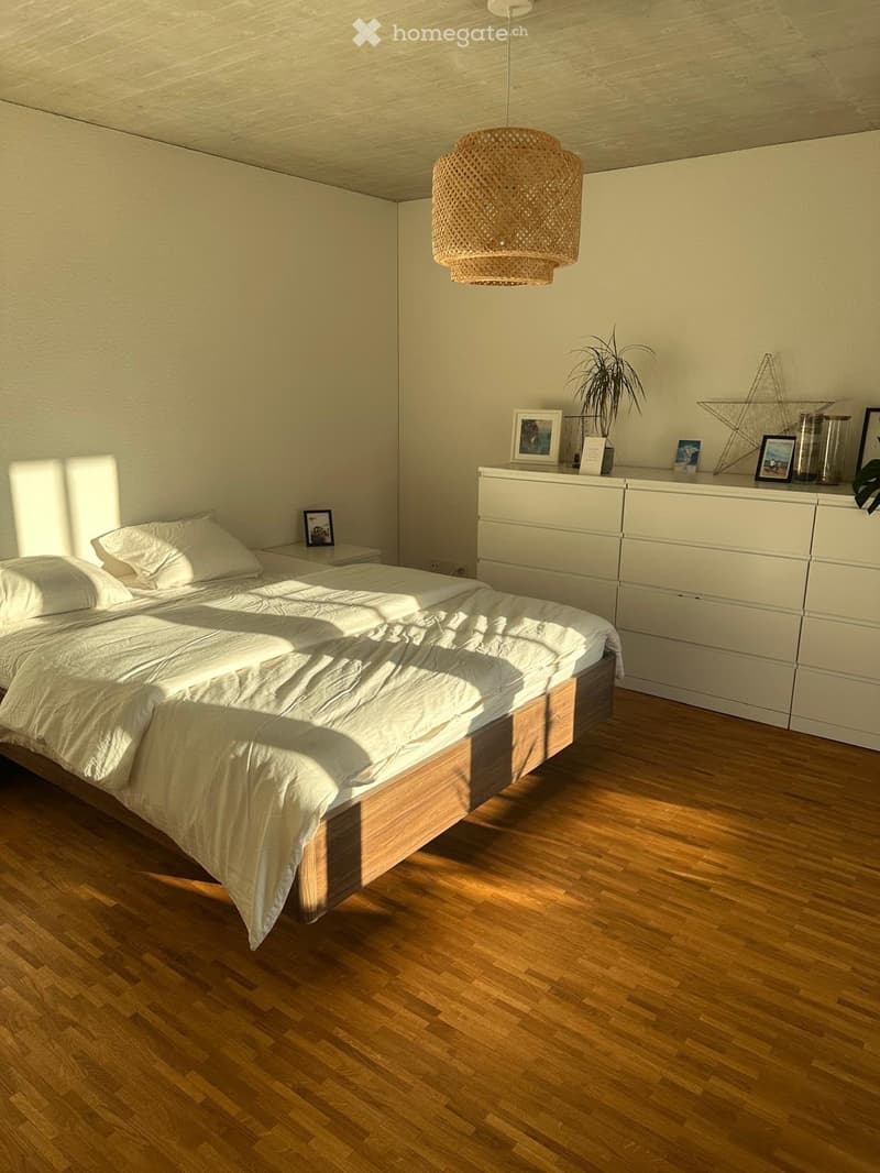 Modern bedroom with a large wooden bed, white bedding, a white dresser with multiple drawers, a pendant light fixture, and a small plant on the dresser.