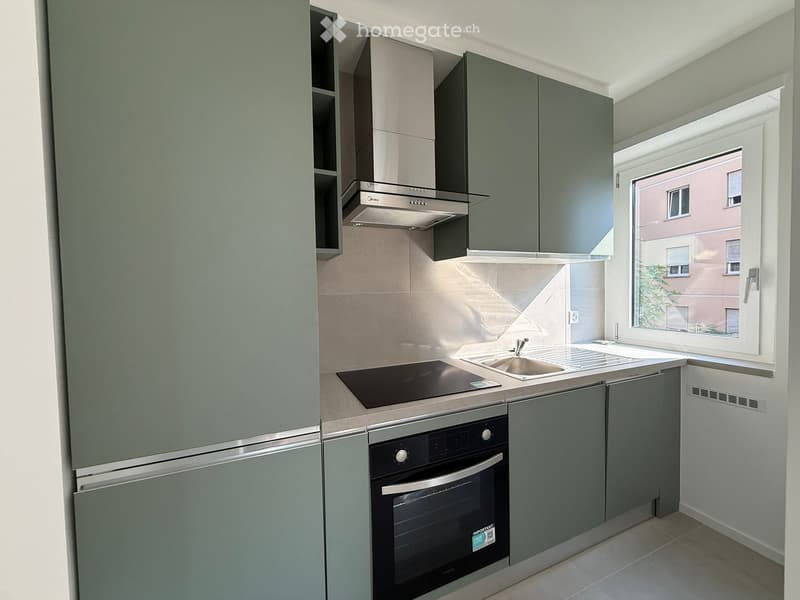 Modern kitchen with grey cabinets, stainless steel appliances, and a large window offering a view of the street.