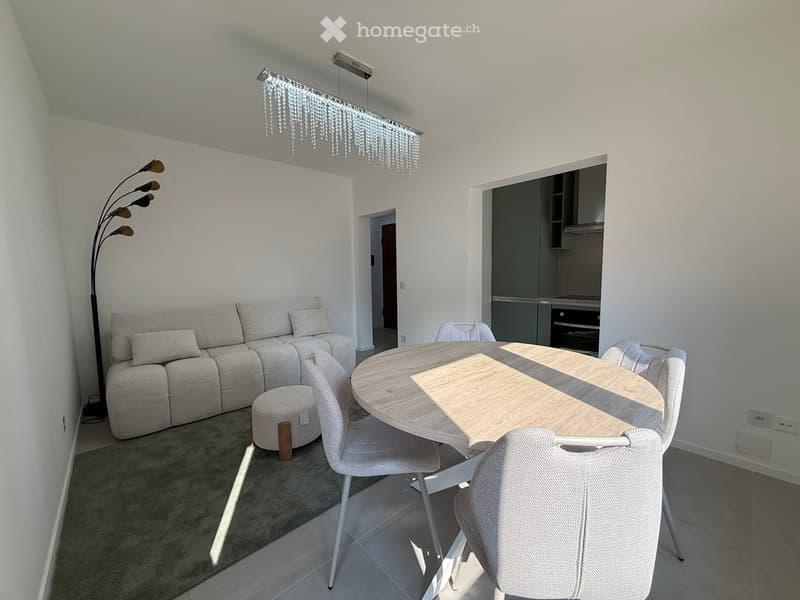 Modern living and dining area with a grey sofa, round wooden dining table, four chairs, a floor lamp, and a chandelier.