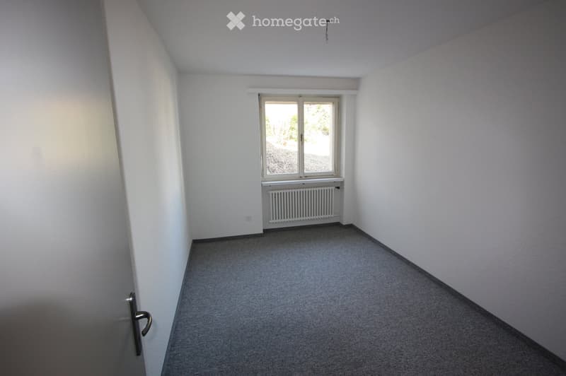Empty room with white walls, grey carpet, a window with white frame, radiator, and a door with a silver handle.