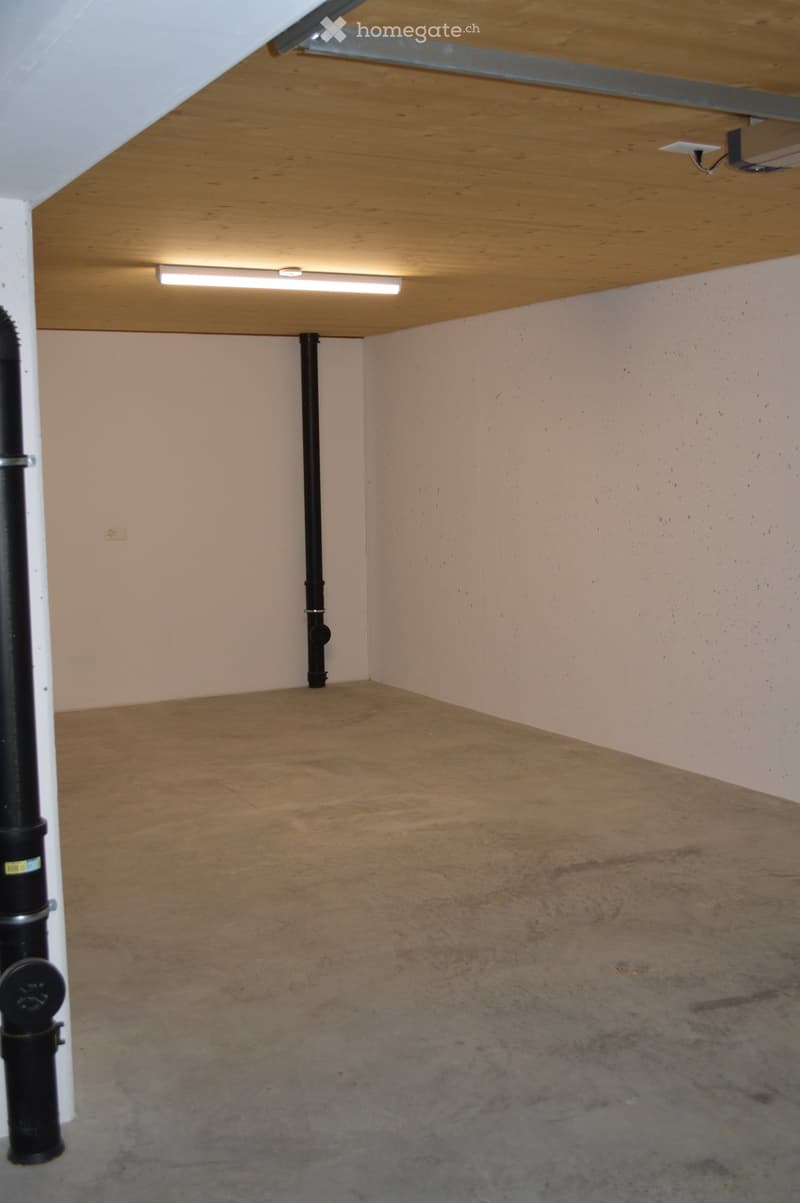 Empty room with bare walls and concrete floor, featuring exposed wooden ceiling and a single light fixture.