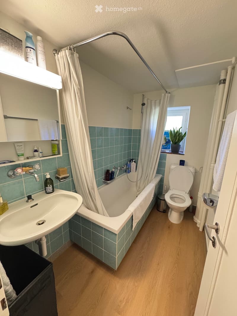 Bathroom with a bathtub, toilet, sink, and shower area. Green tiled walls, wooden floor, and a window with a plant visible outside.