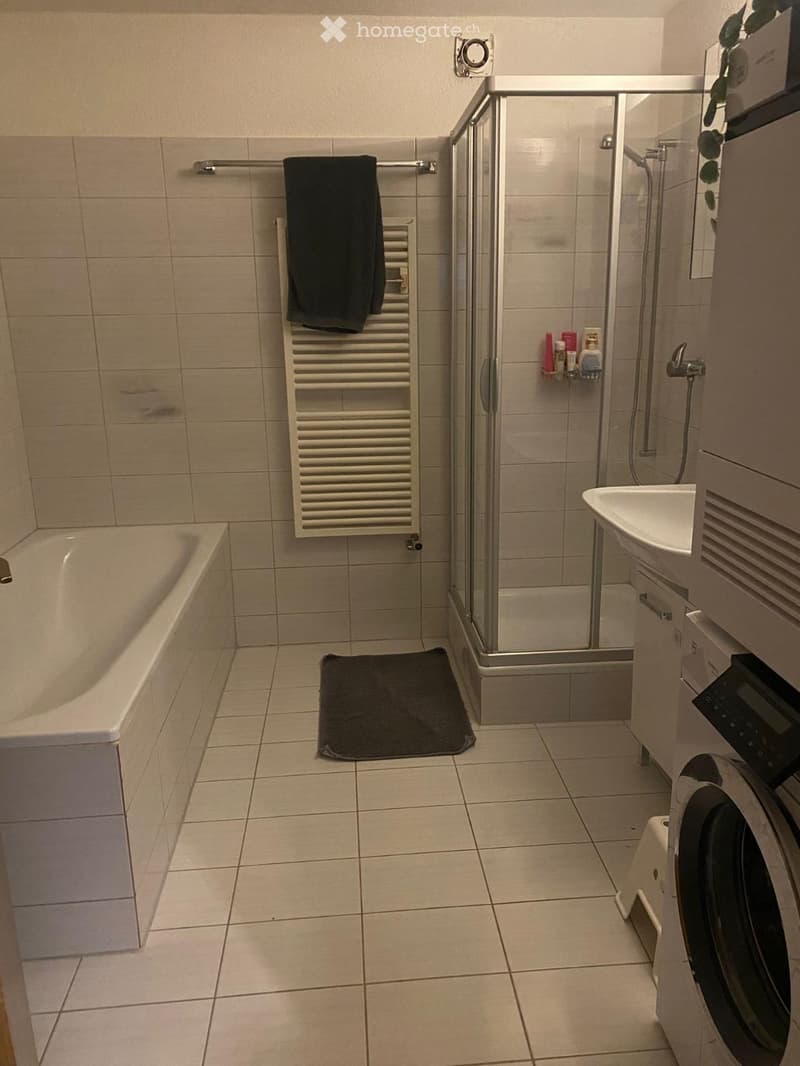 Modern bathroom with a bathtub, shower, sink, radiator, and washing machine. Features tiled walls and floor, a black towel on the floor, and a black towel on the radiator.