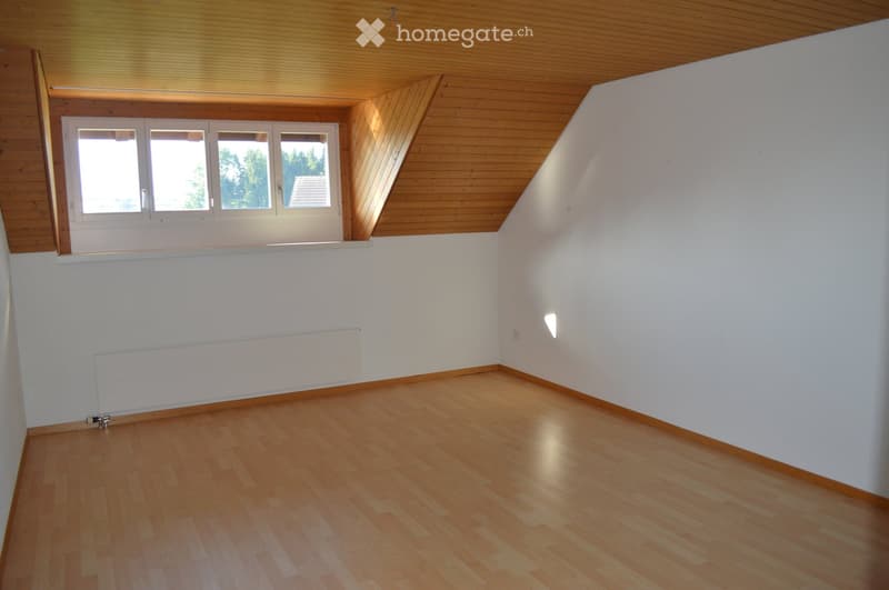 Empty room with wooden flooring, white walls, and a slanted wooden ceiling. Features a large window with multiple panes and a radiator below it.